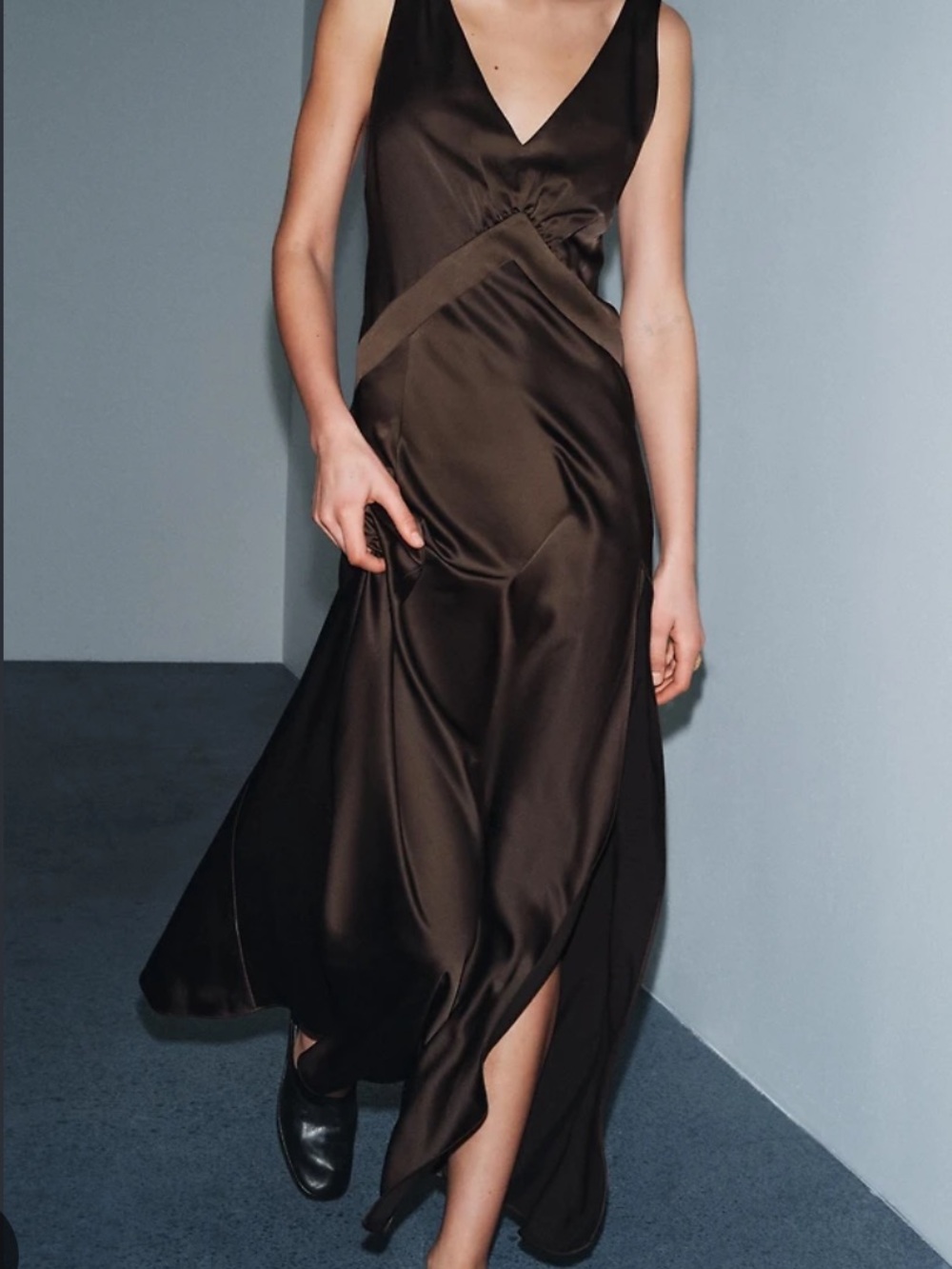 Zara Dark Brown Satin V‑Neck Maxi Dress